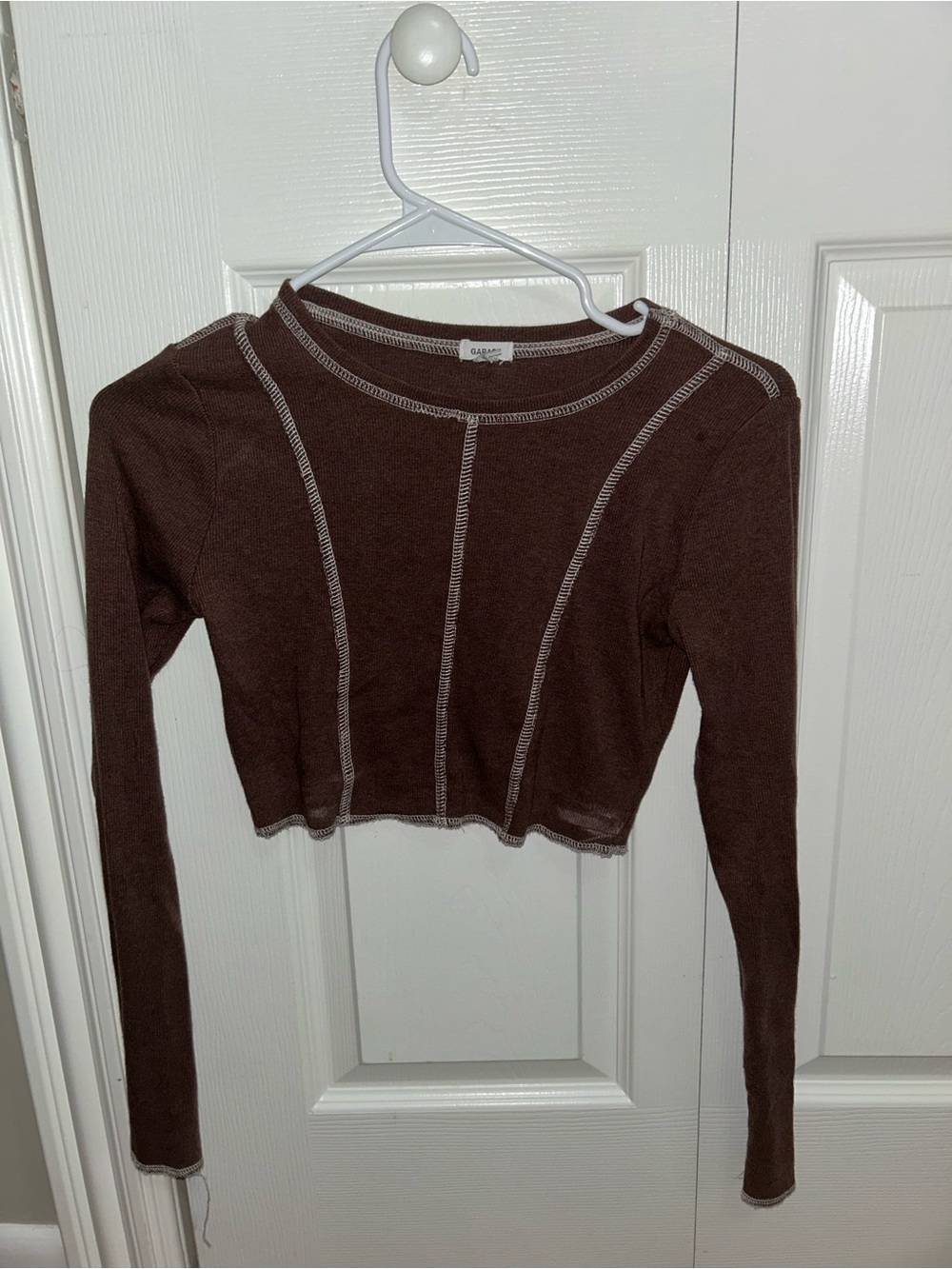 Garage Brown Long-Sleeve Crop Top with Contrast Stitching